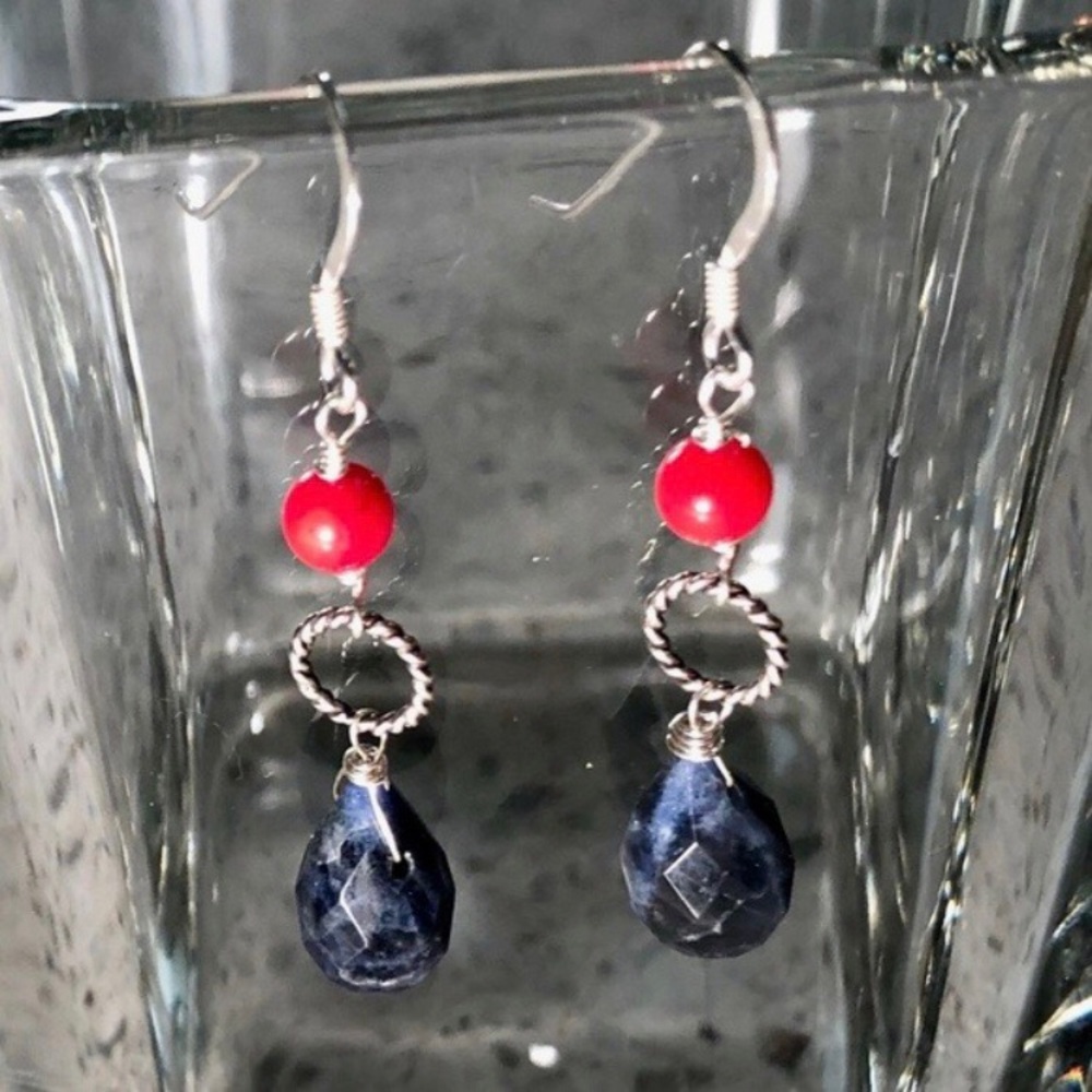 Genuine Natural Sodalite & Coral Sterling Silver Earrings